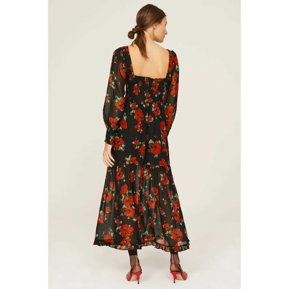 RIXO Yas Dress Black Red Floral Print Square Neck Long Sleeve Tiered Midi Dress - Picture 2 of 11